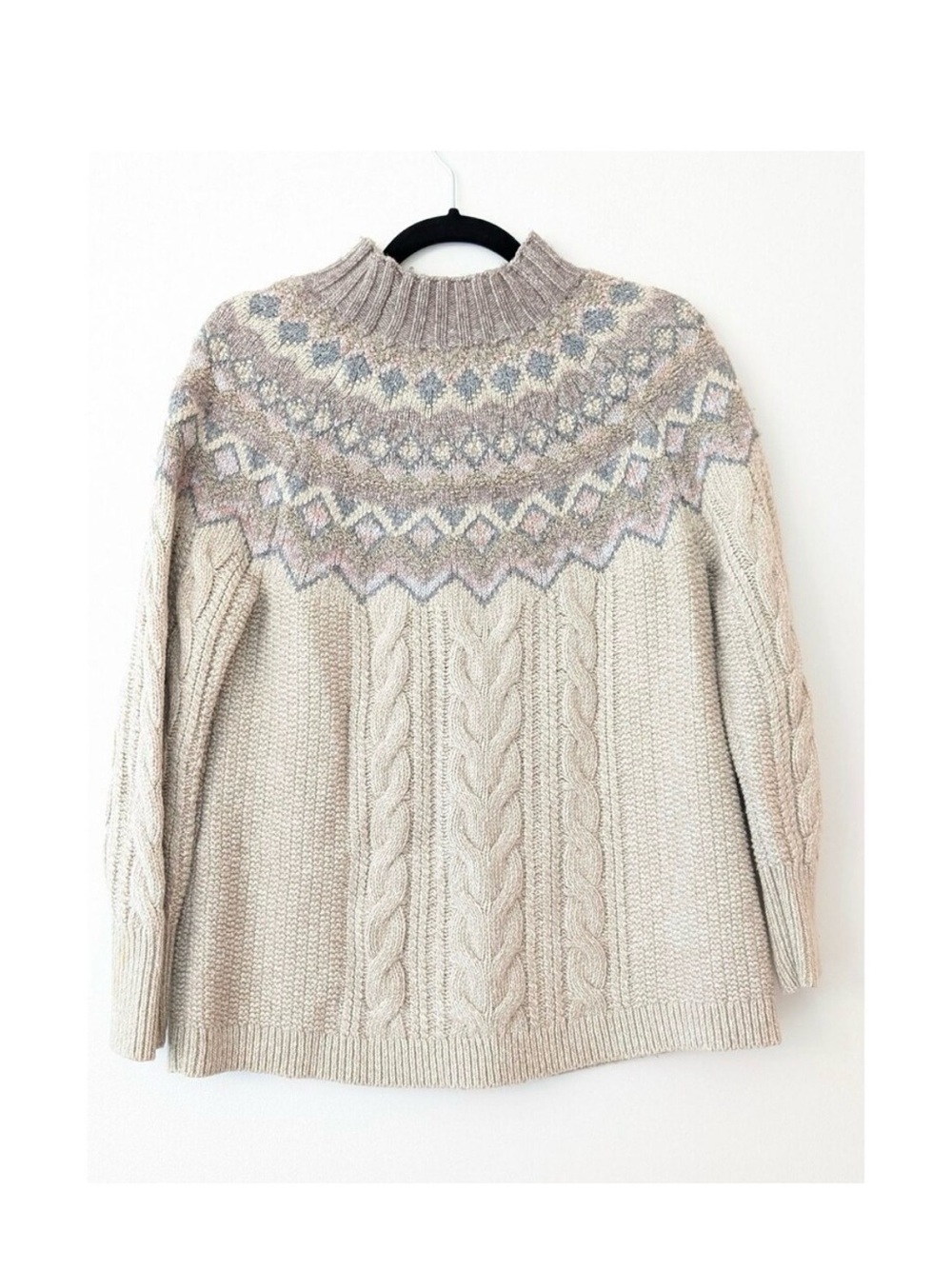 Chico's Cream Cable Knit Fair Isle Mock Neck Sweater